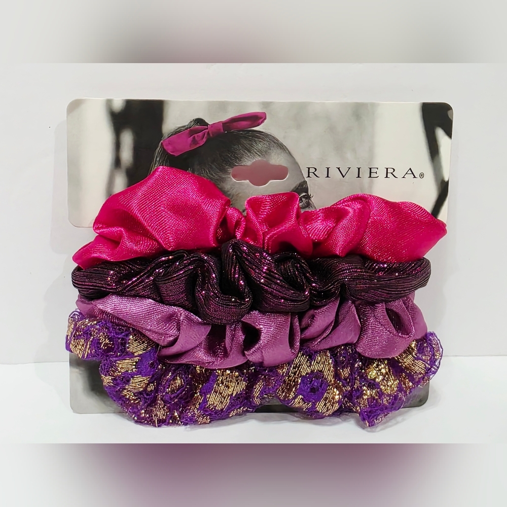 Riviera SATIN LACE PINK PURPLE 4 Hair Tie Ribbon Scrunchie Ponytail Elastic New
